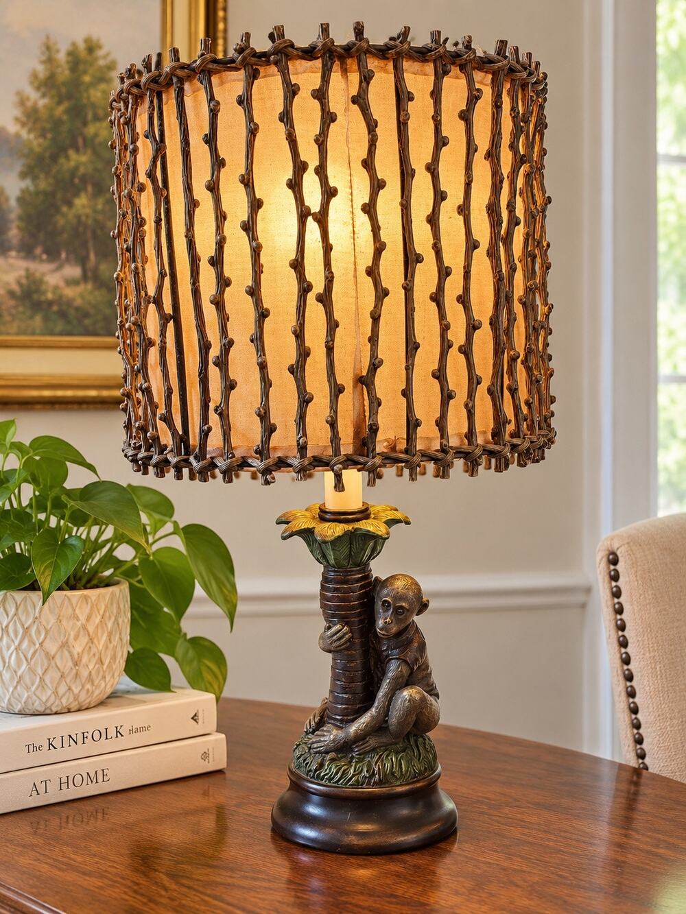 British ,Hollywood Regency safari monkey table lamp woven twig drum lampshade
